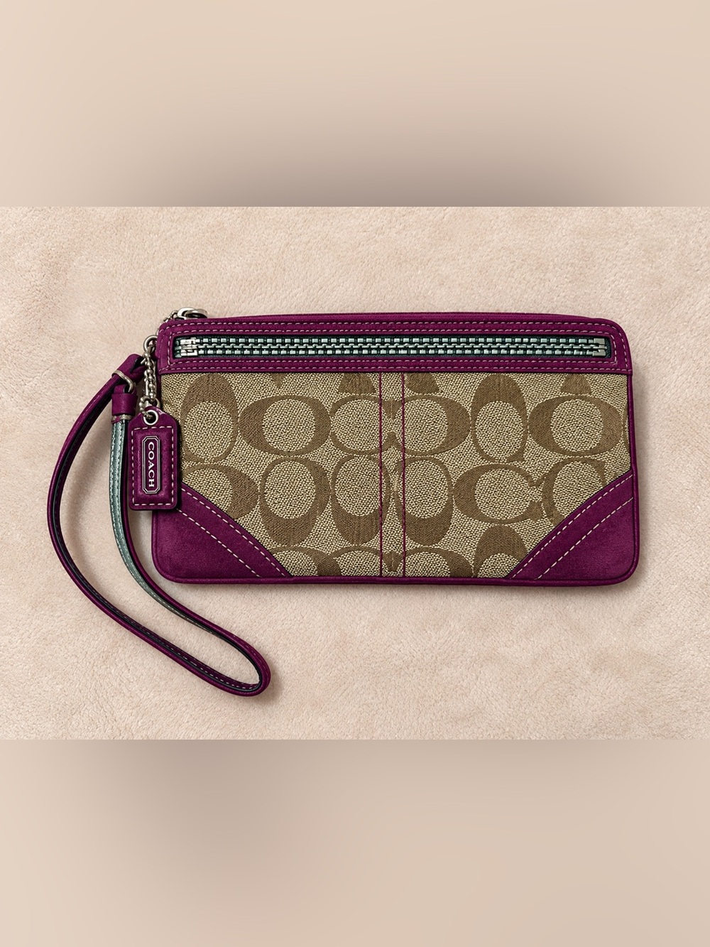 Vintage Coach Signature Suede Trim Wristlet Plum Y2K